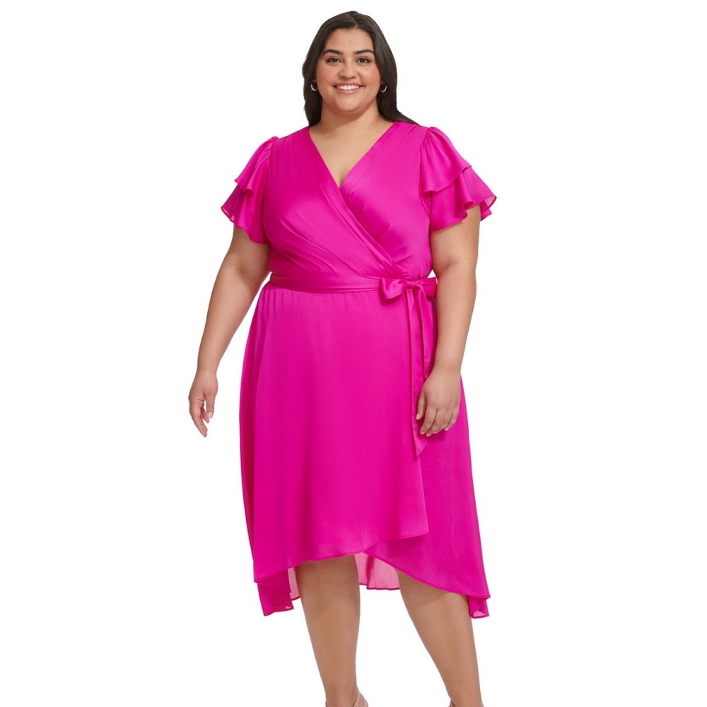 DKNY Plus size Satin Ruffle-Sleeve High-Low Wrap Dress Size 18W in Power Pink